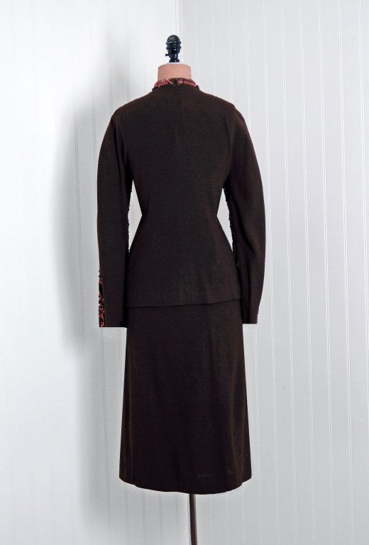 Women's 1940's Nettie Rosenstein Sequin Metallic Chocolate Brown Wool-Crepe Dress Suit