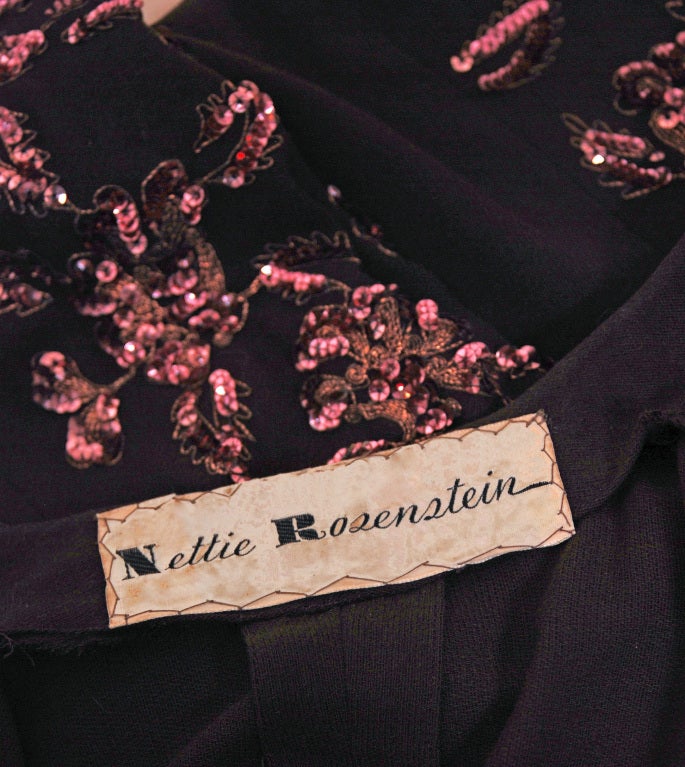 1940's Nettie Rosenstein Sequin Metallic Chocolate Brown Wool-Crepe Dress Suit 1