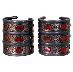 1880's Antique Victorian Couture Silver & Carnelian Huge Pair Cuff Bracelets 6