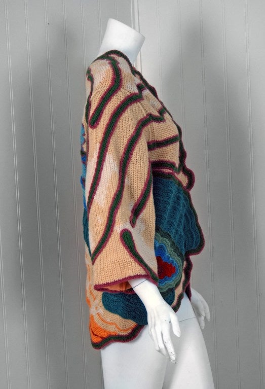 1970's Sharron Hedges Scenic Rainbow Rare Crochet-Knit Jacket 2