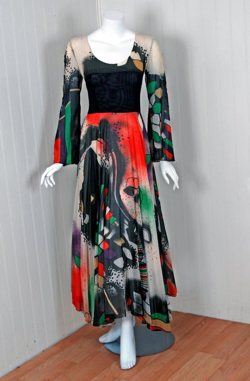 1970's Thea Porter Couture Rare Colorful Cosmic Handpainted Maxi Gown