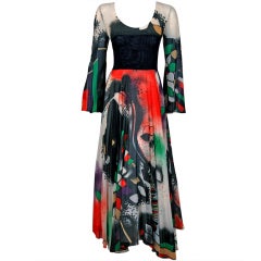 Vintage 1970's Thea Porter Couture Rare Colorful Cosmic Handpainted Maxi Gown