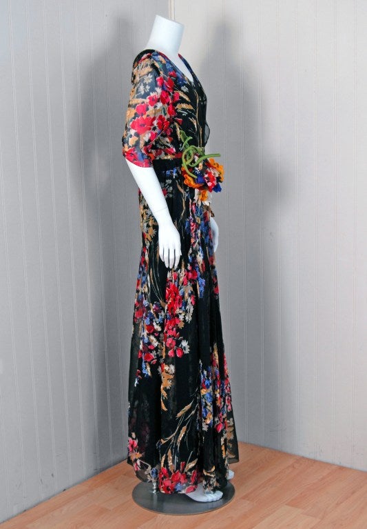 Black 1930's Elegant Watercolor Floral-Garden Print Silk-Chiffon Deco Bias-Cut Gown