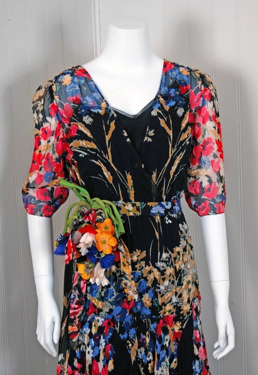 1930's Elegant Watercolor Floral-Garden Print Silk-Chiffon Deco Bias-Cut Gown In Excellent Condition In Beverly Hills, CA