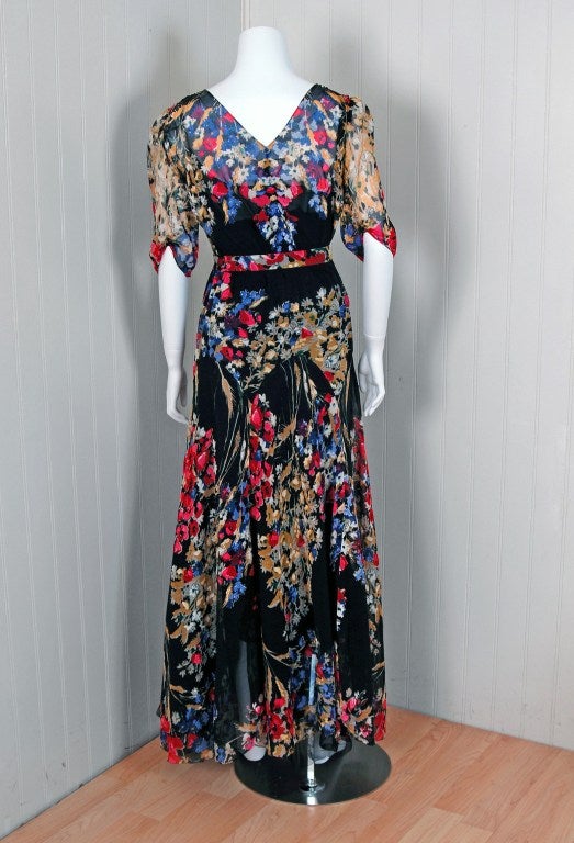 1930's Elegant Watercolor Floral-Garden Print Silk-Chiffon Deco Bias-Cut Gown 2