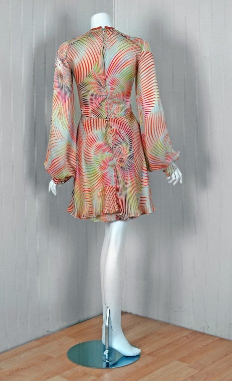 1970's Missoni Vivid Op-Art Print Silk Billow-Sleeve Mini Dress 3