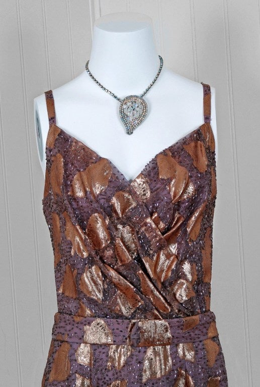 1950's Ceil Chapman Beaded Metallic Gold Lame & Silk Cocktail Party Dress In Excellent Condition In Beverly Hills, CA