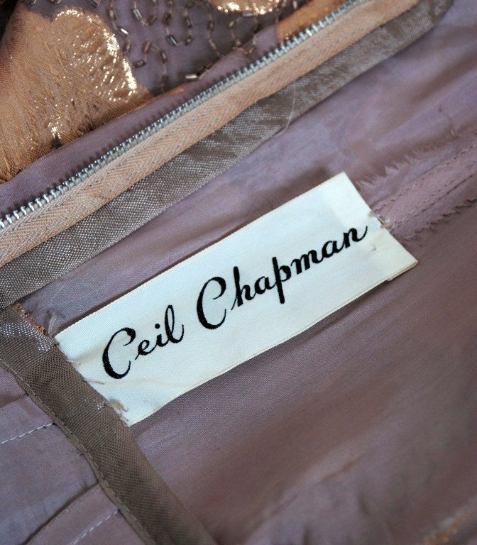 1950's Ceil Chapman Beaded Metallic Gold Lame & Silk Cocktail Party Dress 2
