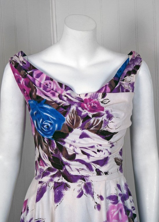 1950's Ceil Chapman Rose-Garden Floral Draped Cotton Print Dress In Excellent Condition In Beverly Hills, CA