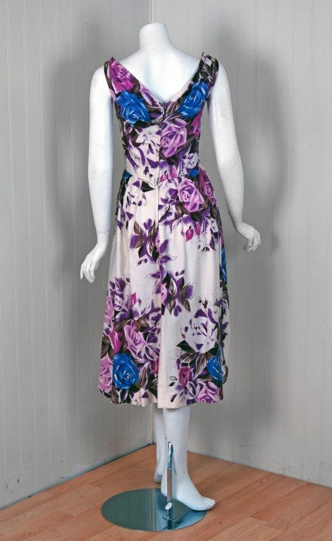 1950's Ceil Chapman Rose-Garden Floral Draped Cotton Print Dress 2