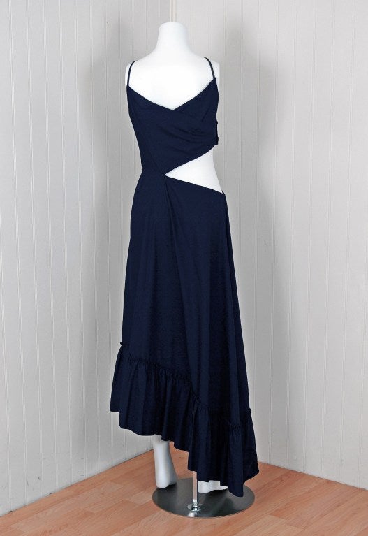 1990's Chanel Asymmetric Cut-Out Navy-Blue Cotton Maxi Day Dress 3