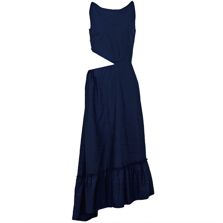 1990's Chanel Asymmetric Cut-Out Navy-Blue Cotton Maxi Day Dress