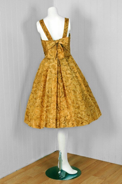 1950's Elegant Golden-Yellow Watercolor Silk Full Party Dress & Shawl 1