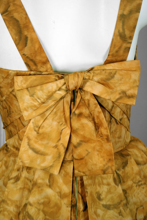 1950's Elegant Golden-Yellow Watercolor Silk Full Party Dress & Shawl 2