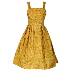 Retro 1950's Elegant Golden-Yellow Watercolor Silk Full Party Dress & Shawl