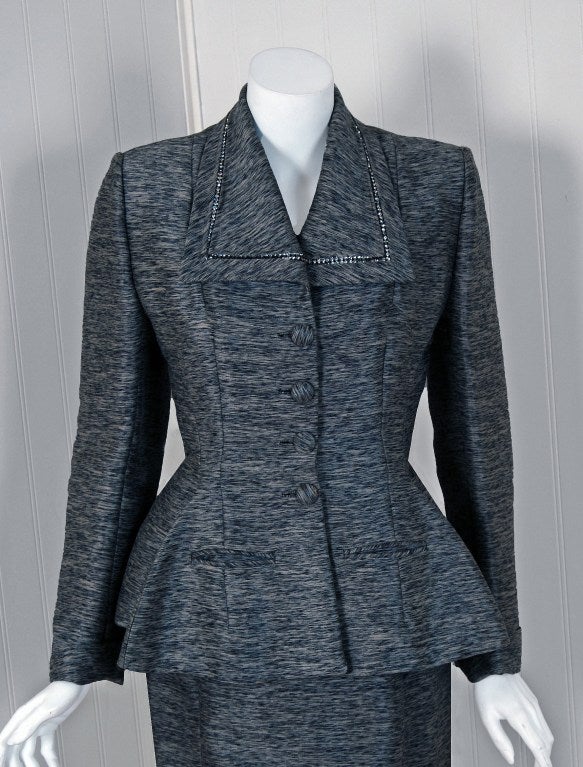 Women's 1940's Lilli-Ann Charcoal Gray Rhinestone Silk Wiggle Dress Suit
