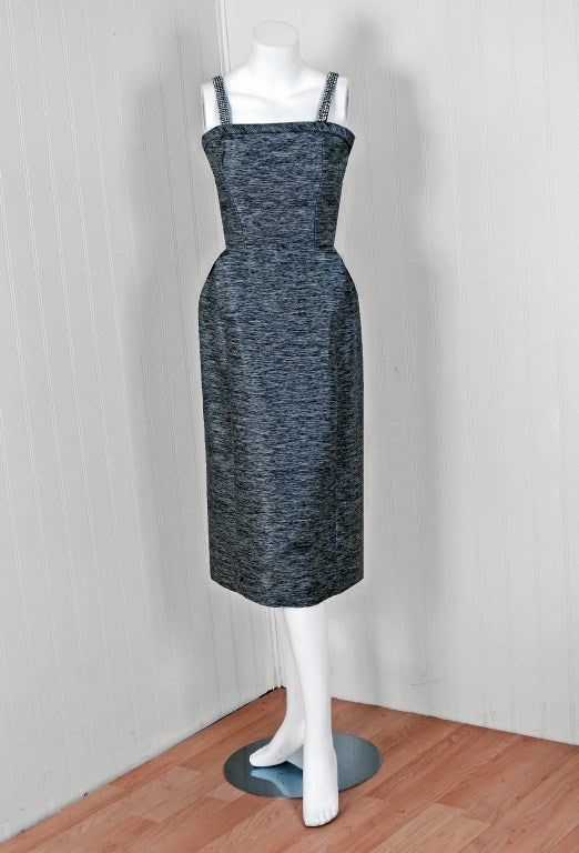 1940's Lilli-Ann Charcoal Gray Rhinestone Silk Wiggle Dress Suit 1