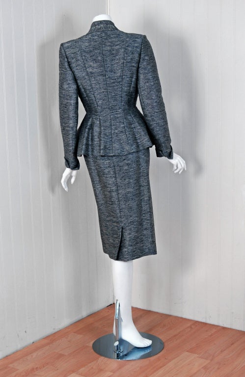 1940's Lilli-Ann Charcoal Gray Rhinestone Silk Wiggle Dress Suit 3