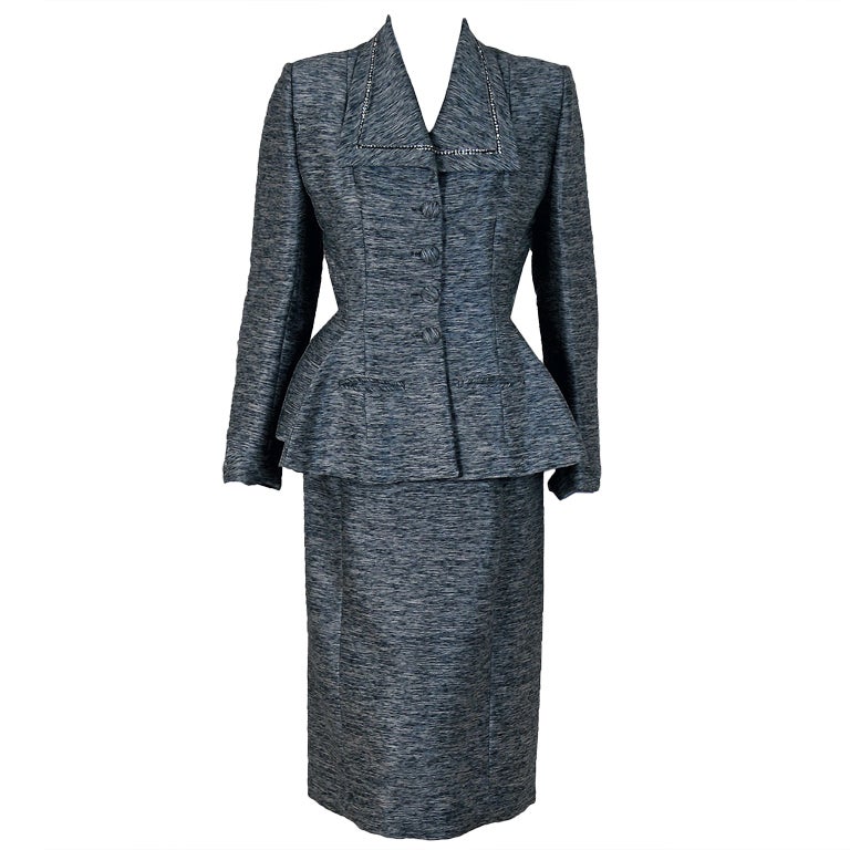1940's Lilli-Ann Charcoal Gray Rhinestone Silk Wiggle Dress Suit