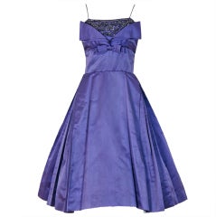 1950's Lilac-Purple Rhinestone Beaded Satin Shelf-Bust Cocktail Party Dress 5