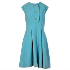 Vintage 1960's Pauline Trigere Baby-Blue Studded Crepe Dress & Cape Set