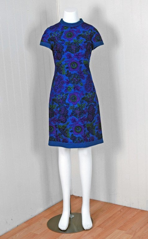 Spectacular late 1960's Pierre Cardin Paris hand-woven, sapphire-blue, silk shift. In 1951 Cardin opened his own couture house and by 1957, he started a ready-to-wear line; a bold move for a French couturier at the time. The look most associated