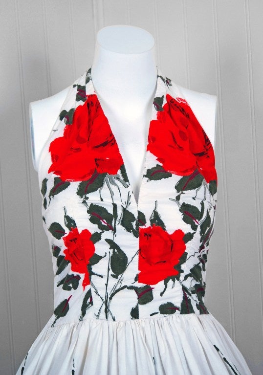 Women's 1950's Red-Roses Watercolor Floral-Print Cotton Halter Dress