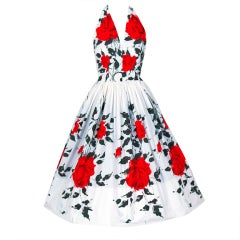 Retro 1950's Red-Roses Watercolor Floral-Print Cotton Halter Dress