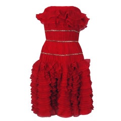 1980's Chanel Strapless Red-Silk Gold-Chains Ruffle Party Dress