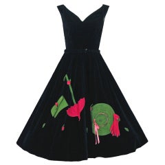 1950's Novelty Appliqued Black Velvet Circle-Skirt Party Dress