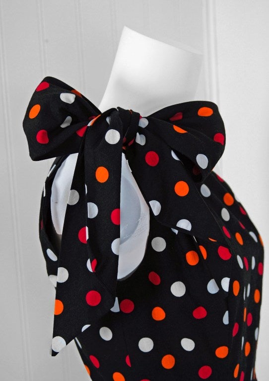 Black 1970's Guy Laroche One-Shoulder Polka-Dot Print Cotton Sun Dress