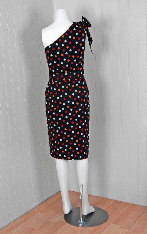 1970's Guy Laroche One-Shoulder Polka-Dot Print Cotton Sun Dress 2