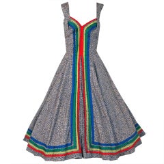 Vintage 1950
s Rainbow-Stripe Mosaic Rhinestone Cotton-Print Full Dress