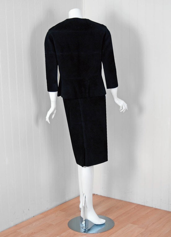 1960's Hermes Paris Black Leather-Suede Tailored Wiggle Skirt Jacket Ensemble 1