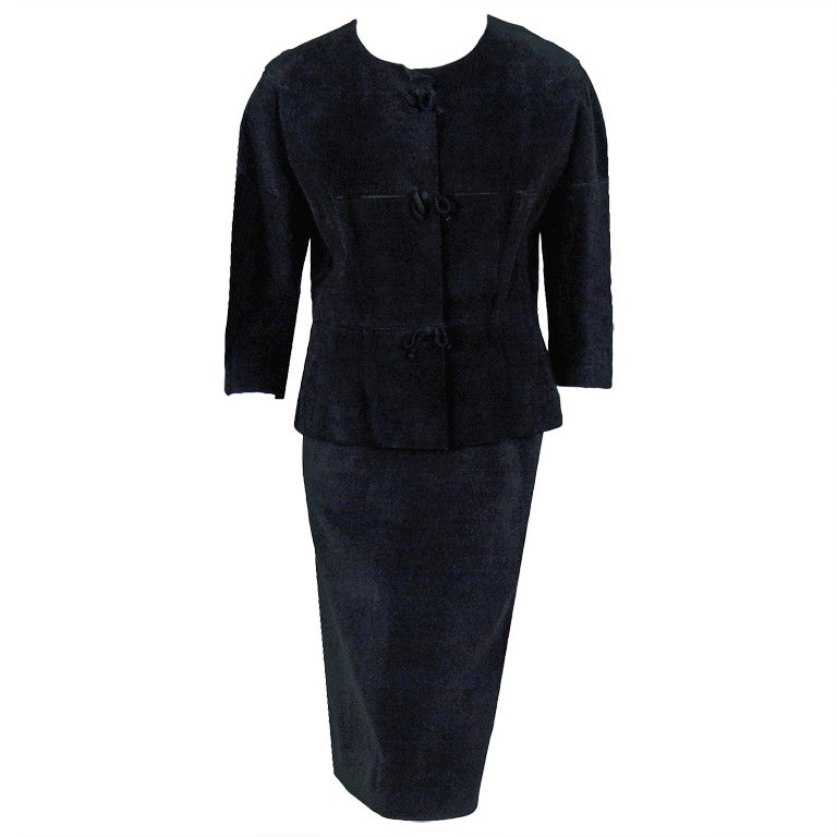 1960's Hermes Paris Black Leather-Suede Tailored Wiggle Skirt Jacket Ensemble