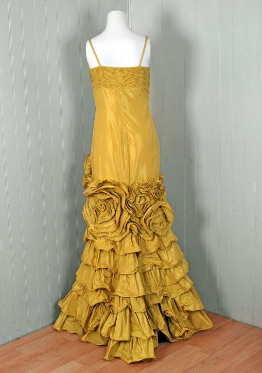 1990's Valentino Couture Sculpted Chartreuse Taffeta Tiered Gown 3