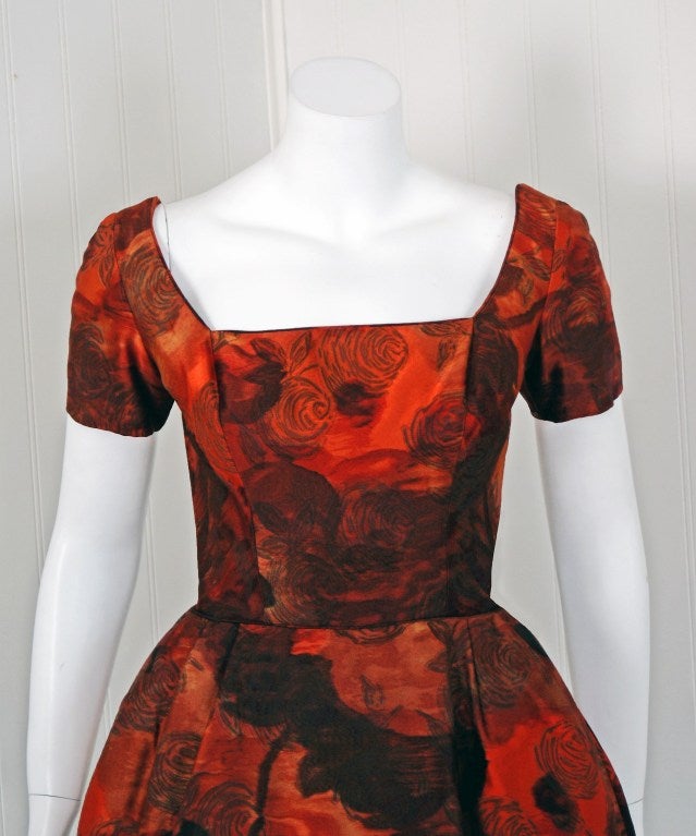 Brown 1960's Michael Novarese Orange Roses Rare Silk Full Party Dress