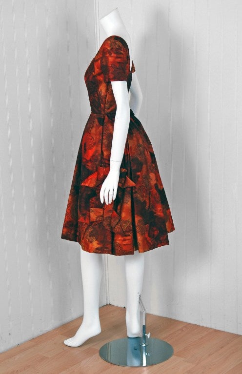 1960's Michael Novarese Orange Roses Rare Silk Full Party Dress 1