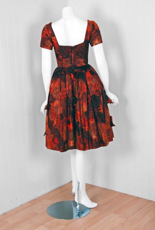 1960's Michael Novarese Orange Roses Rare Silk Full Party Dress 2