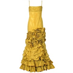 1990's Valentino Couture Sculpted Chartreuse Taffeta Tiered Gown