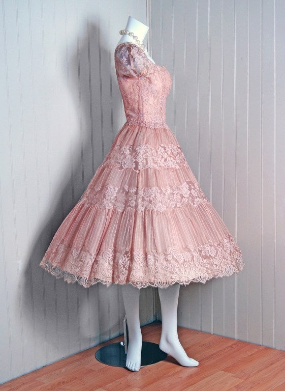 1950's Ceil Chapman Champagne-Pink Organza & Lace Party Dress 2