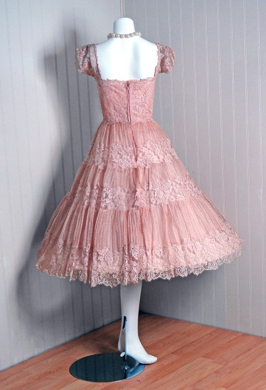 1950's Ceil Chapman Champagne-Pink Organza & Lace Party Dress 3