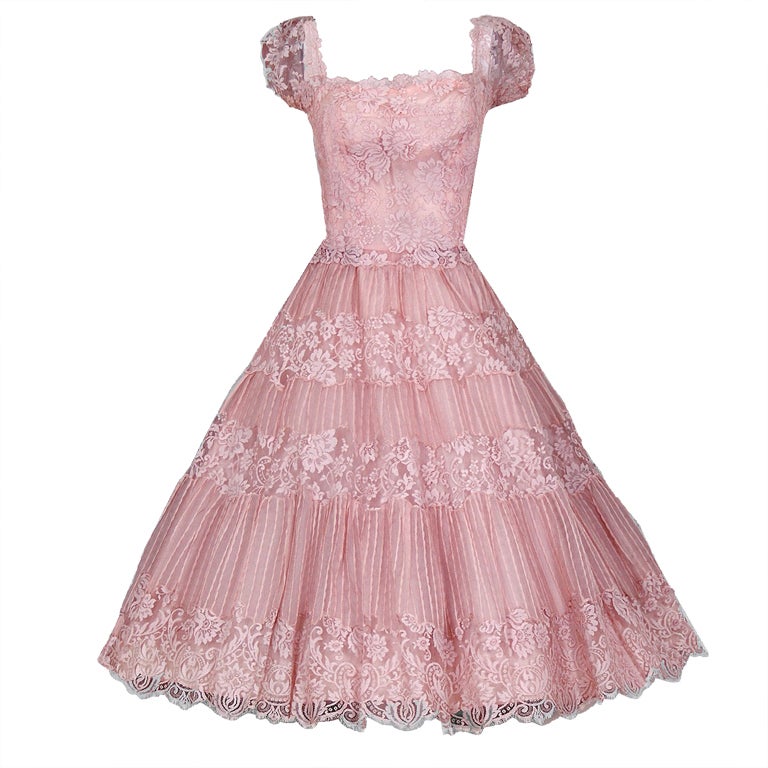 1950's Ceil Chapman Champagne-Pink Organza & Lace Party Dress