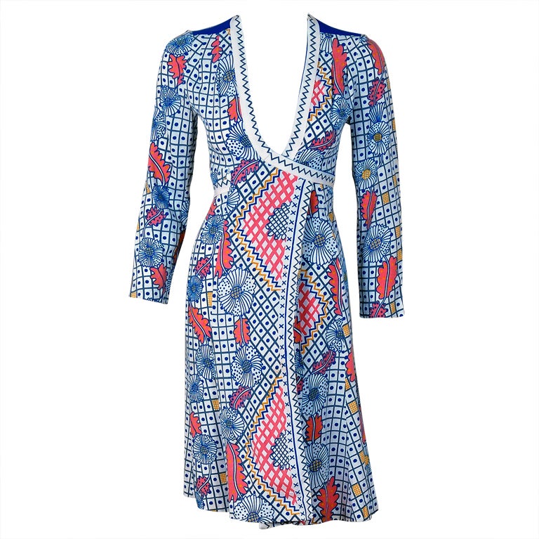 1970's Ossie Clark Colorful Celia Birtwell Print Cotton LowPlunge Wrap
