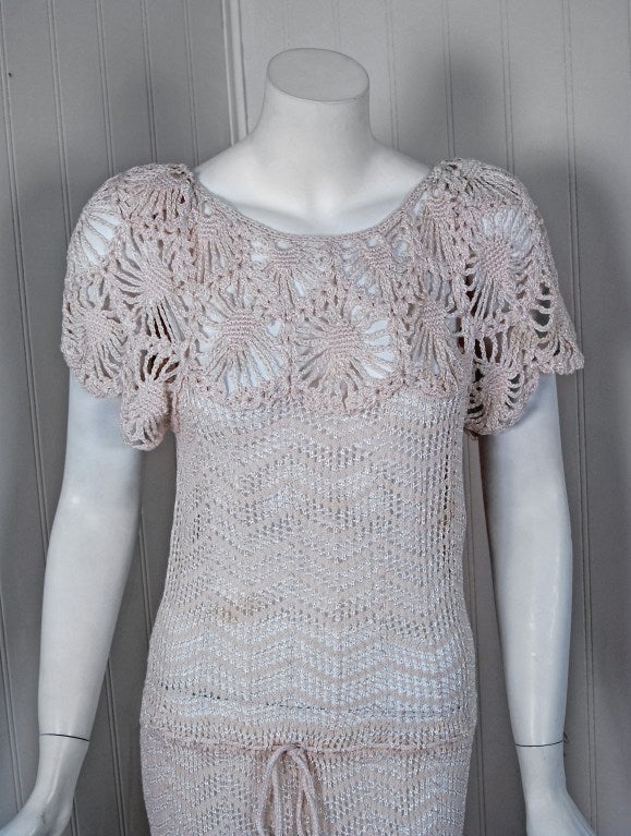 Gray 1970's Oscar de la Renta Creme Crochet-Lace Knit Sheer Dress