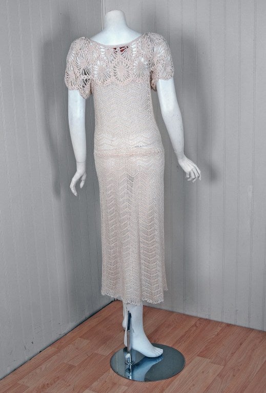 1970's Oscar de la Renta Creme Crochet-Lace Knit Sheer Dress 1