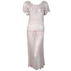 Vintage 1970's Oscar de la Renta Creme Crochet-Lace Knit Sheer Dress