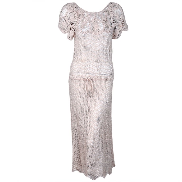 1970's Oscar de la Renta Creme Crochet-Lace Knit Sheer Dress