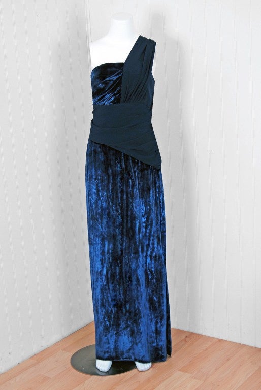 Madame Gres felt that the true job of the couturier was not to create a name for one's self, as many designers do, but to pay rigorous attention to the clothing. This stunning navy-blue crepe & silk-velvet gown, dating back to the late 1970's, has