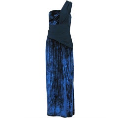 1970's Gres Asymmetric One-Shoulder Navy Velvet Grecian Goddess Evening Gown